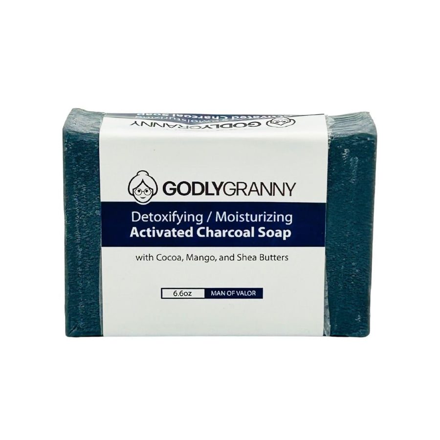 Activated Charcoal Soap with Cocoa, Mango & Shea Butters – Man of Valor packaging