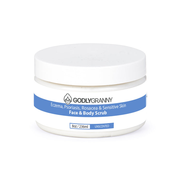 Unscented Sensitive Skin Face & Body Scrub, 8 oz packaging