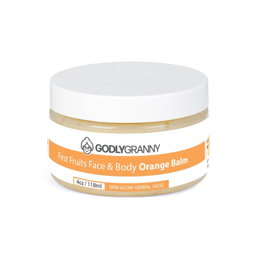 First Fruits Orange Herbal Face & Body Salve – 4oz Jar packaging