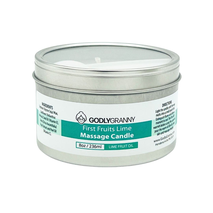 First Fruits Lime Soy Massage Candle, 8 oz packaging