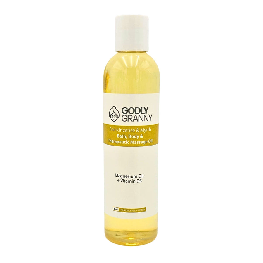 Frankincense & Myrrh Bath, Body & Massage Oil, 8 oz packaging