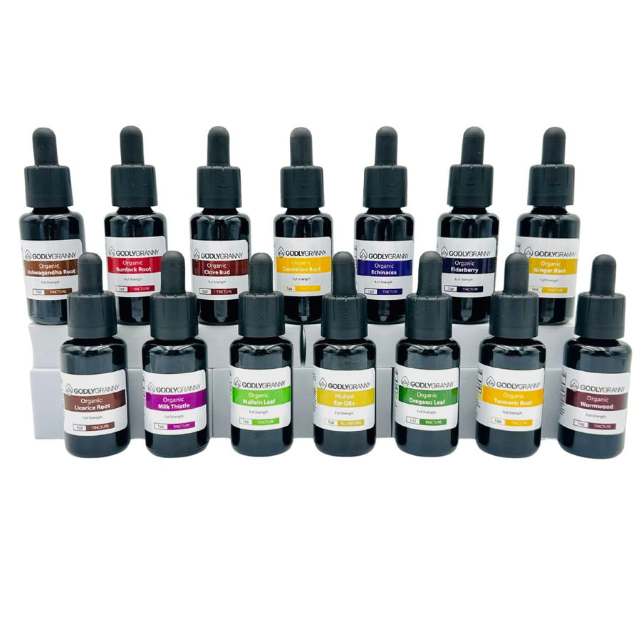 Assorted Godly Granny herbal extract bottles with droppers shown together