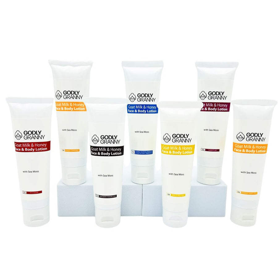 Assorted Goat Milk & Honey Body Lotion with Sea Moss packages shown together