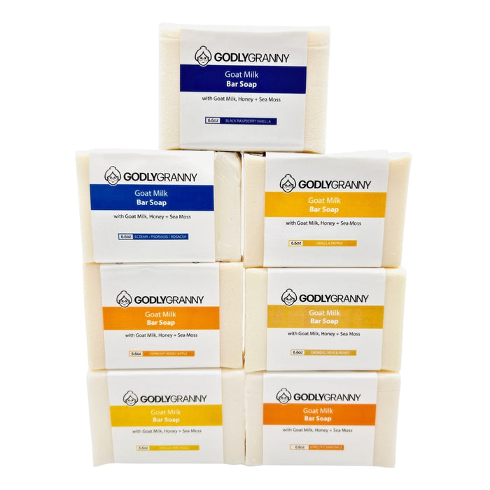 Assorted Goat Milk Soap with Honey & Sea Moss packages shown together