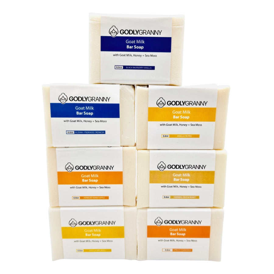 Assorted Goat Milk Soap with Honey & Sea Moss packages shown together
