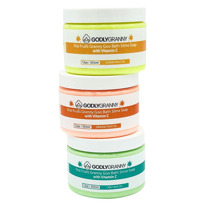 Assorted First Fruits Vitamin C Bath Slime Soap packages shown together