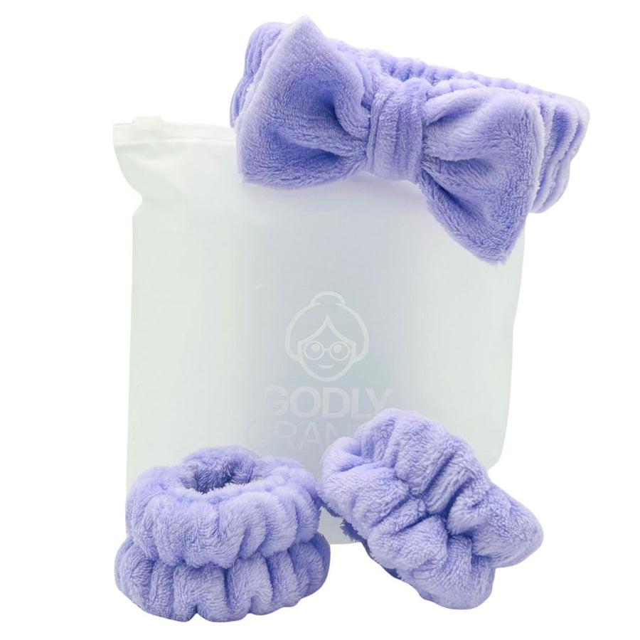 Bow Spa Headband & Wristband Set with Logo Bag – Lavender packaging
