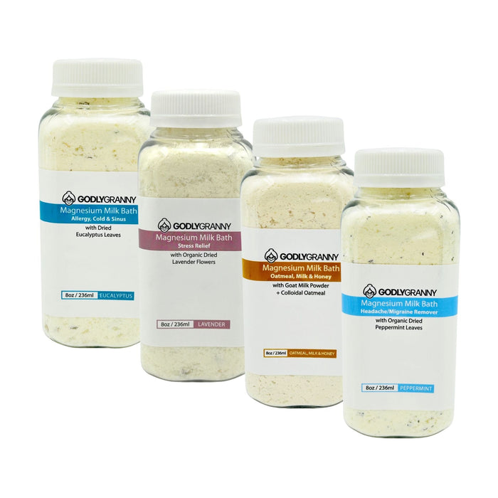 Assorted Magnesium Milk Bath packages shown together