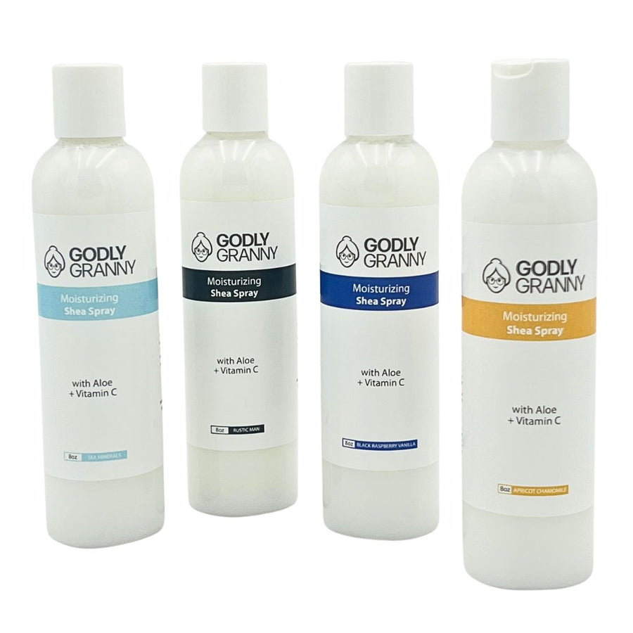 Assorted Moisturizing Shea Body Spray packages shown together