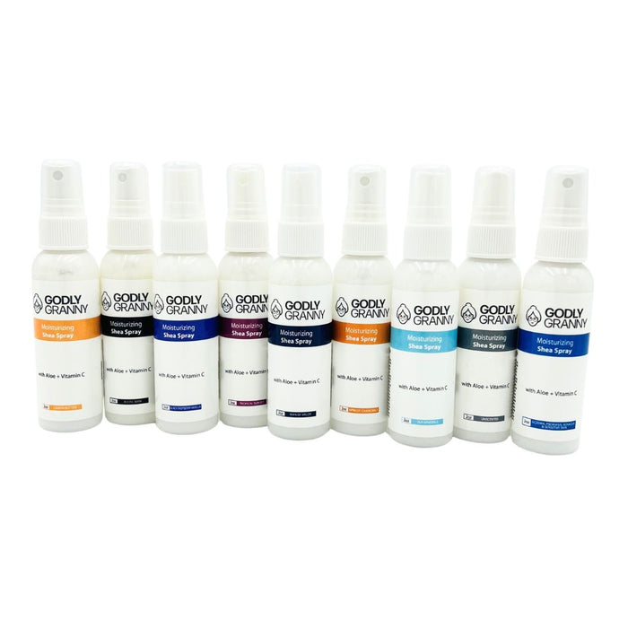 Assorted Moisturizing Shea Body Spray packages shown together
