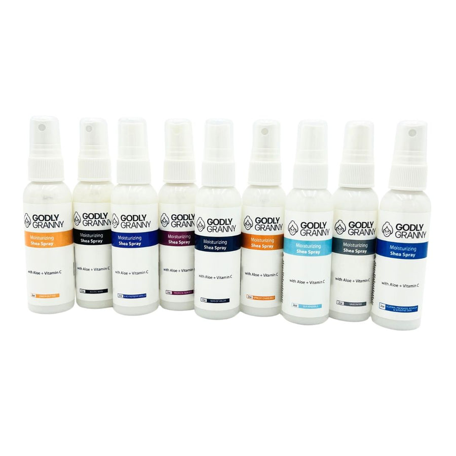 Assorted Moisturizing Shea Body Spray packages shown together