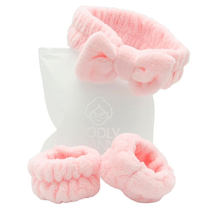 Bow Spa Headband & Wristband Set with Logo Bag – Pink packaging