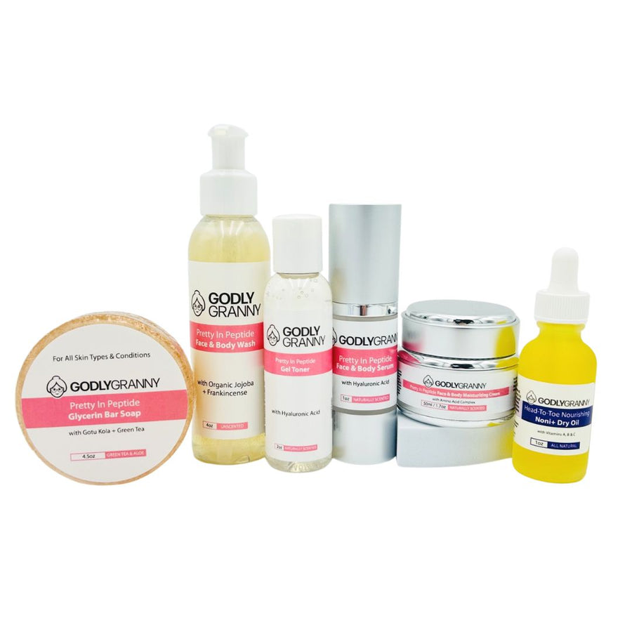 Group photograph of the Godly Granny Pretty in Peptide skincare range