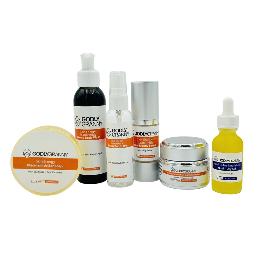 Group photograph of the Godly Granny Skin Energy Niacinamide skincare range