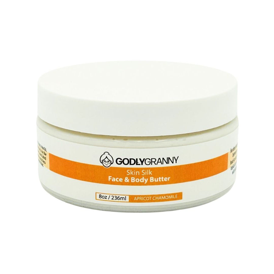 Skin Silk Shea & Cocoa Face & Body Butter – Apricot Chamomile / 8oz Jar packaging