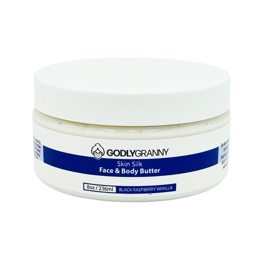 Skin Silk Shea & Cocoa Face & Body Butter – Black Raspberry Vanilla / 8oz Jar packaging