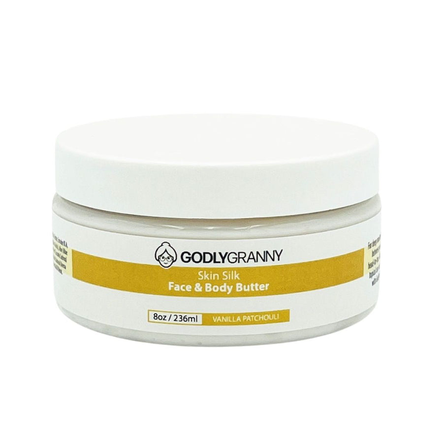 Skin Silk Shea & Cocoa Face & Body Butter – Vanilla Patchouli / 8oz Jar packaging