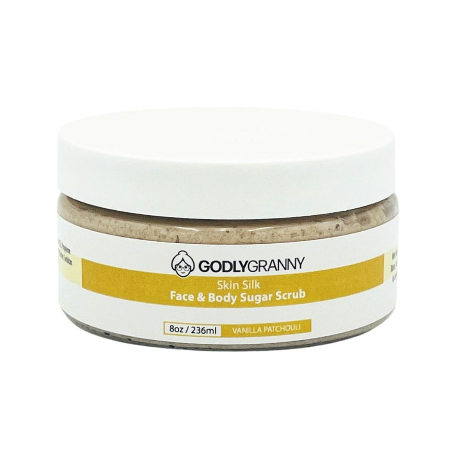 Skin Silk Face & Body Sugar Scrub – Vanilla Patchouli packaging