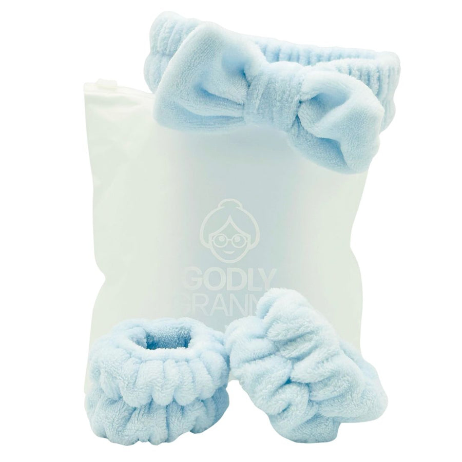 Bow Spa Headband & Wristband Set with Logo Bag – Sky Blue packaging