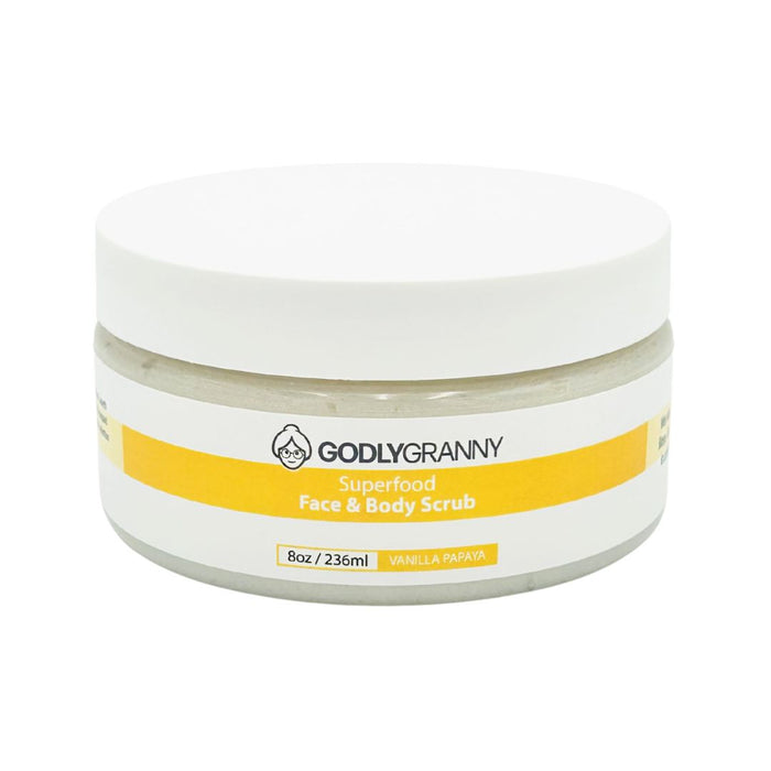 Vanilla Papaya Superfood Face & Body Scrub, 8 oz packaging