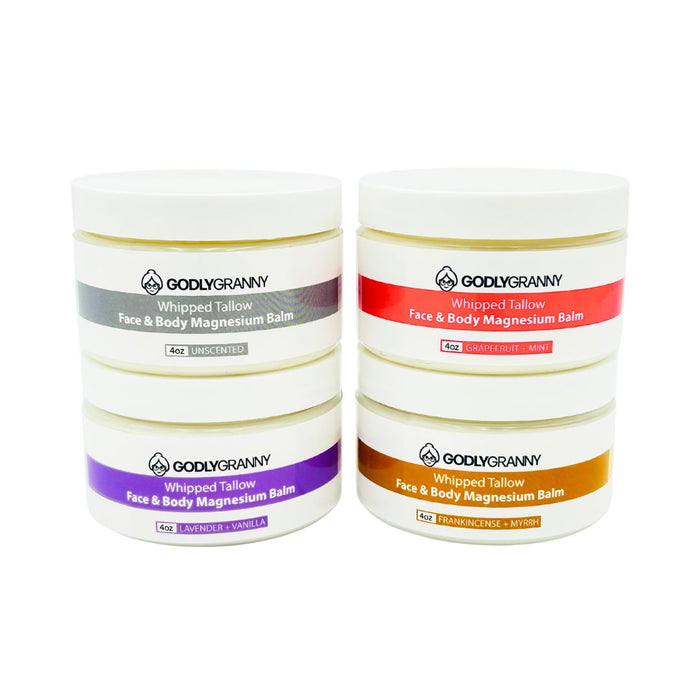 Assorted Whipped Tallow & Magnesium Face & Body Balm packages shown together