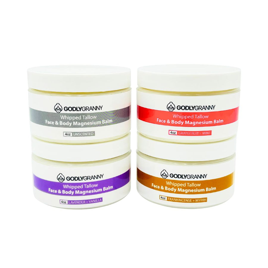 Assorted Whipped Tallow & Magnesium Face & Body Balm packages shown together