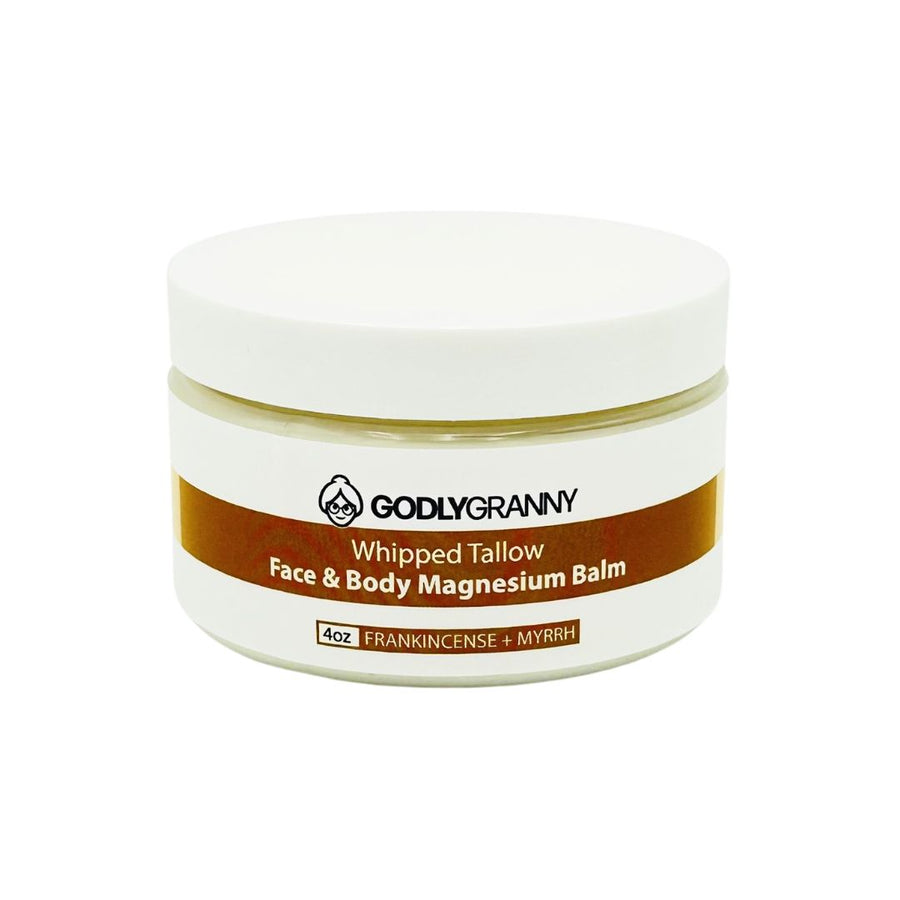 Whipped Tallow & Magnesium Face & Body Balm – Frankincense + Myrrh packaging
