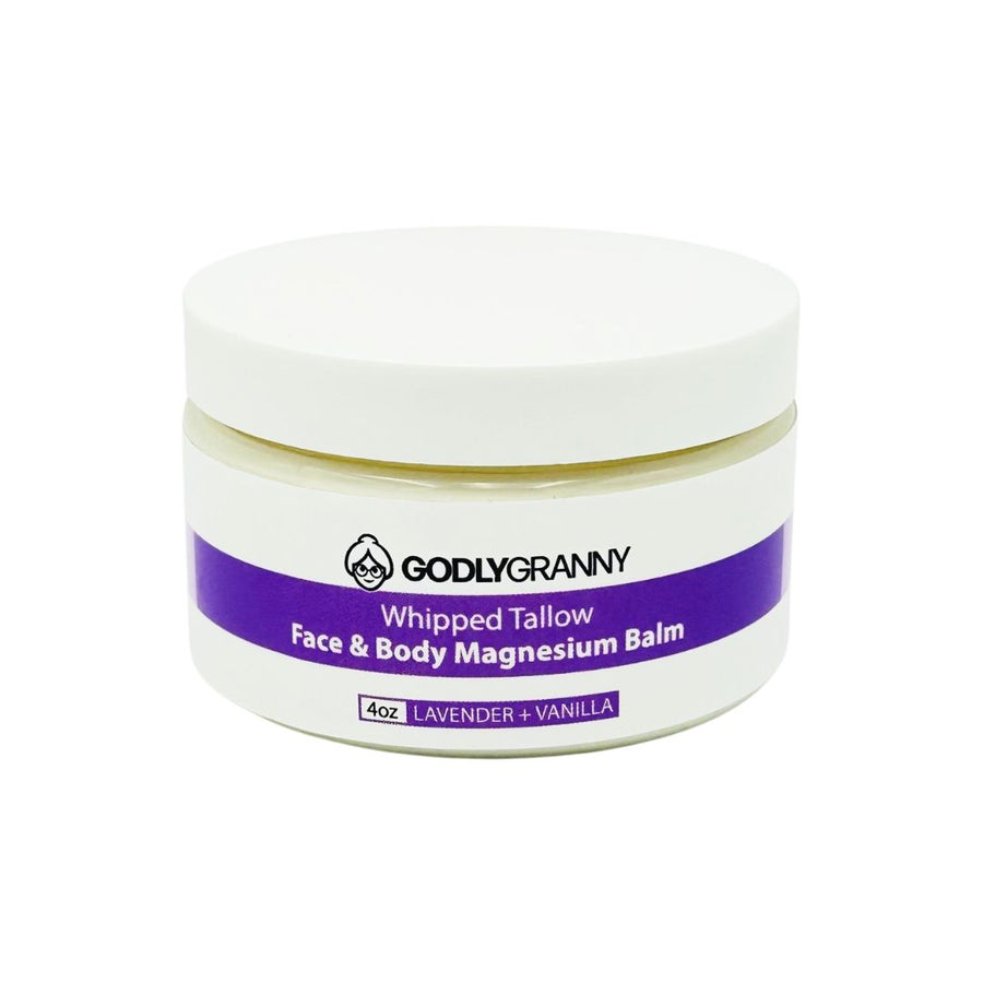 Whipped Tallow & Magnesium Face & Body Balm – Lavender + Vanilla packaging