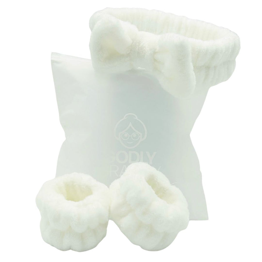 Bow Spa Headband & Wristband Set with Logo Bag – White packaging