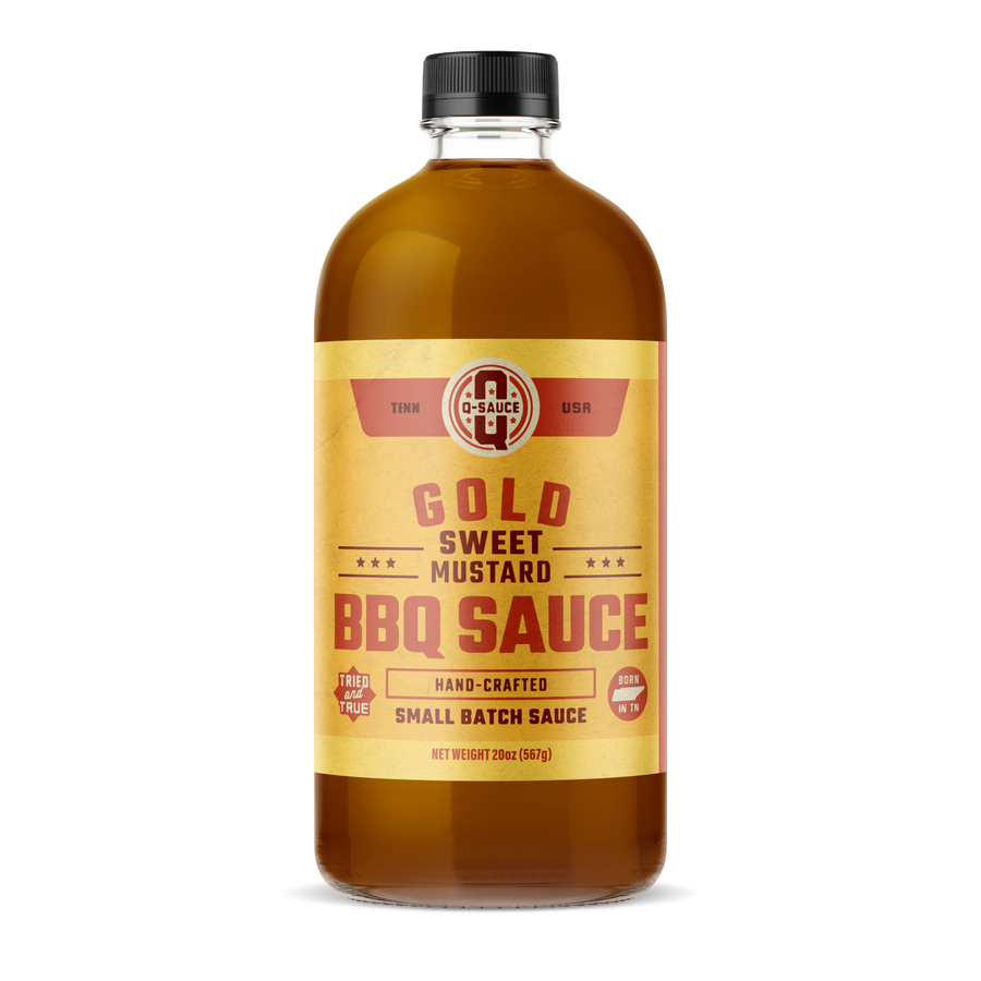 Gold sweet mustard barbecue sauce in a bottle