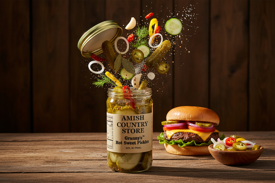 Granny’s Hot Sweet Pickles package with serving suggestions in a styled food scene