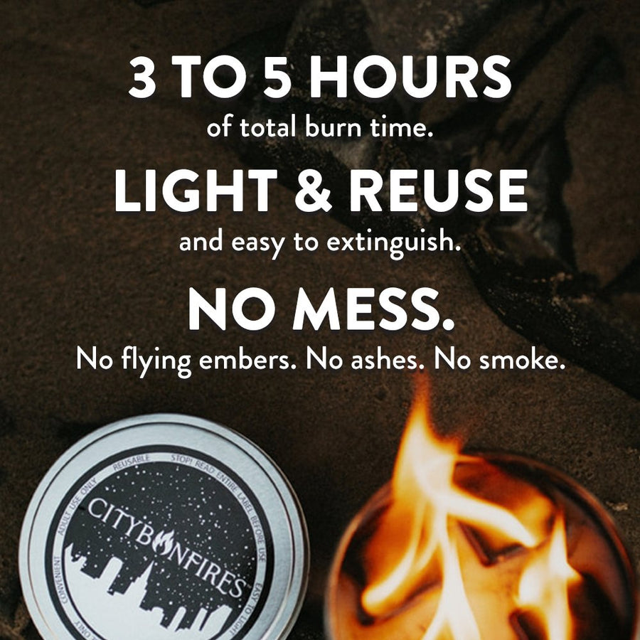 Maker burn-time and relighting graphic with a portable bonfire