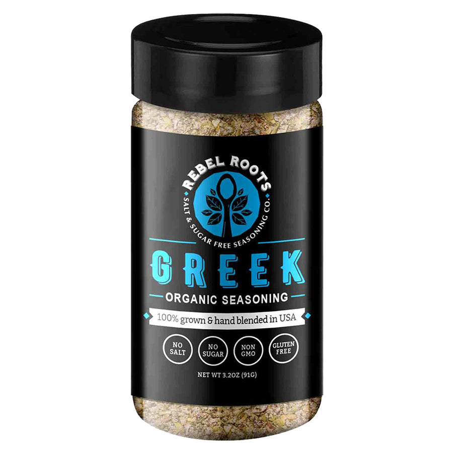 Rebel Roots Salt-Free Seasoning Blends: Greek seasoning jar.