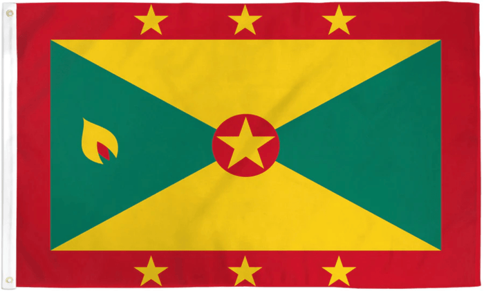 Grenada flag made in USA with red border green yellow fields stars and nutmeg symbol