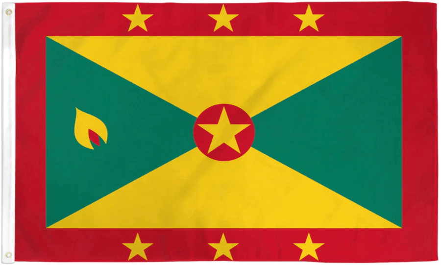 Grenada flag made in USA with red border green yellow fields stars and nutmeg symbol