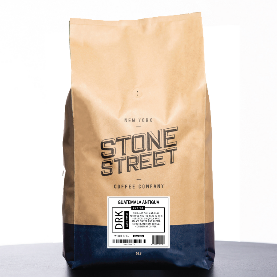 Front of the Stone Street Guatemala Antigua coffee bag with its product label visible