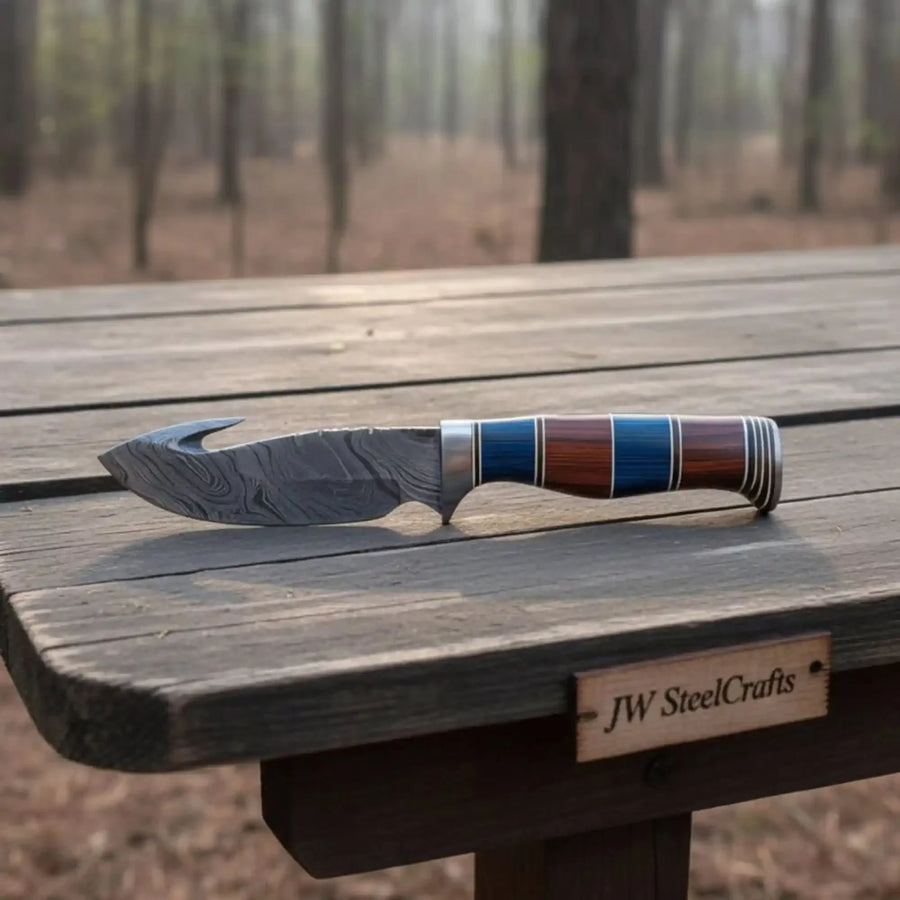 Handmade hunting skinner knife with Damascus gut-hook blade