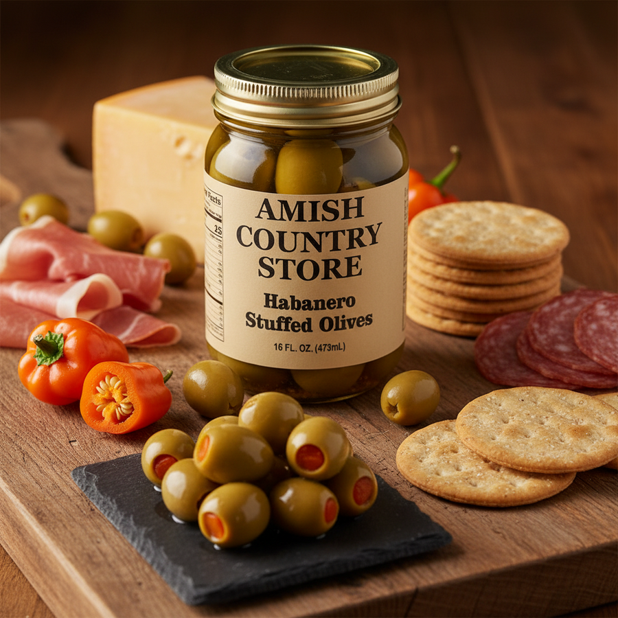 Habanero Stuffed Olives package with serving suggestions in a styled food scene