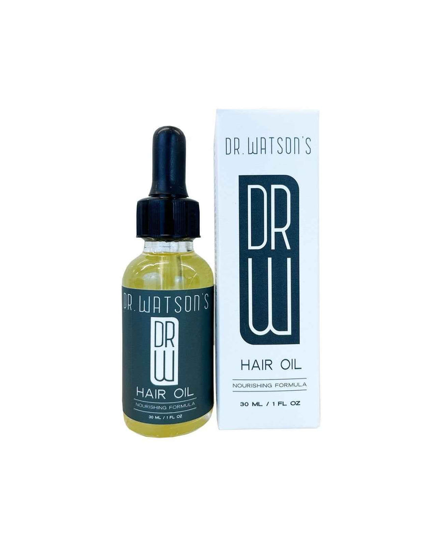 Dr. Watson's hair oil dropper bottle beside its carton