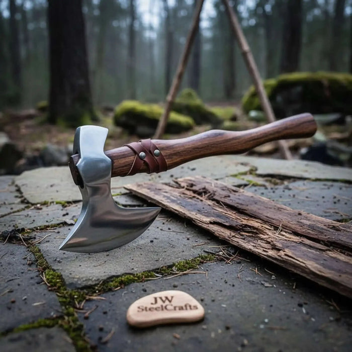 Late Viking-Era Skeggøx Camp Axe — Short Curved Handle, Leather Grip, Forged Steel Head