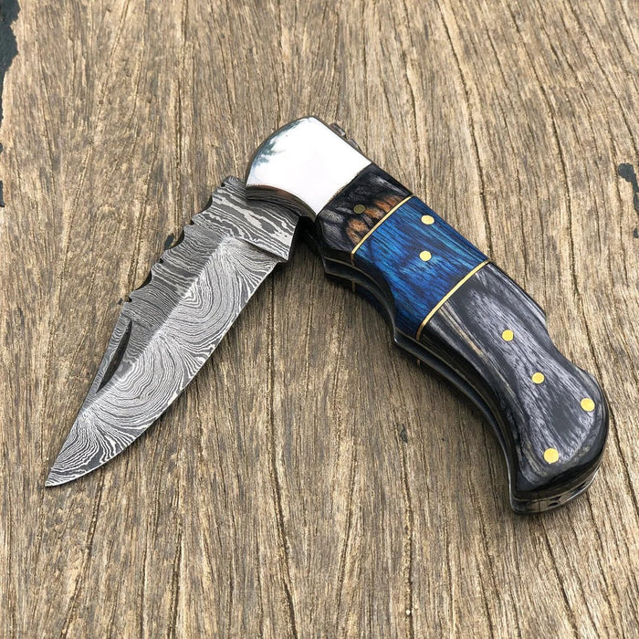 Handmade Damascus folding pocket knife with wood handle and back-lock blade