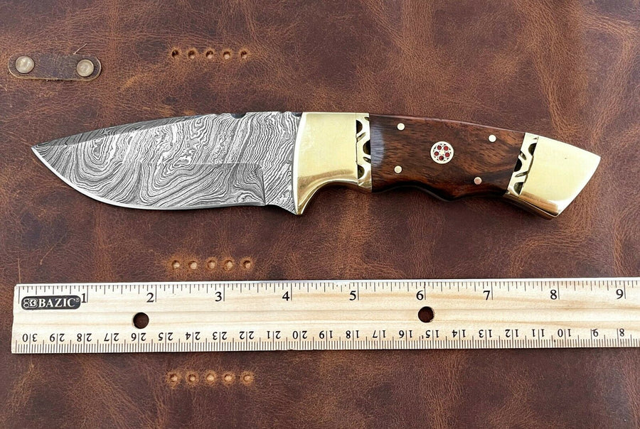 Handmade Damascus Steel Knife 9" Custom Fixed Blade Knife With Rose Wood Handle