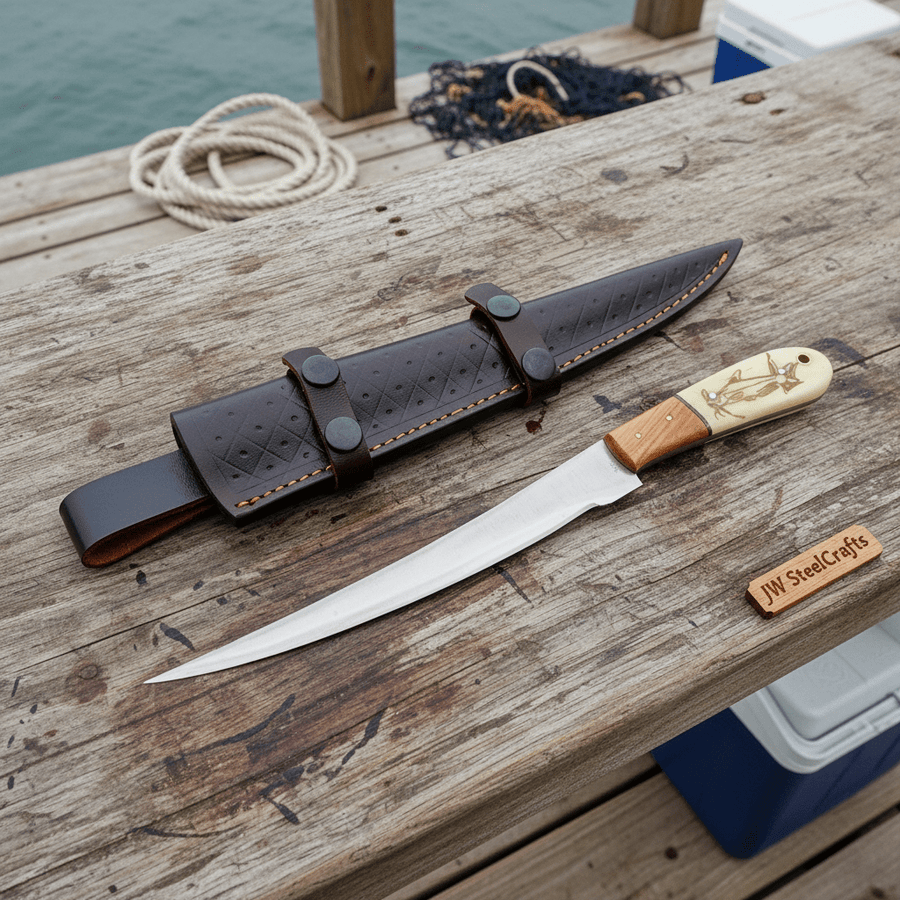 13-inch fillet knife with narrow blade, engraved bone and wood handle and leather sheath