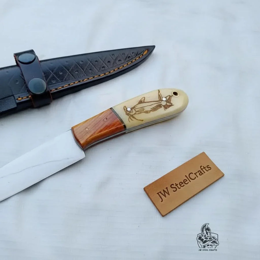 13-Inch Fillet Knife – Bone & Wood Handle, Leather Sheath