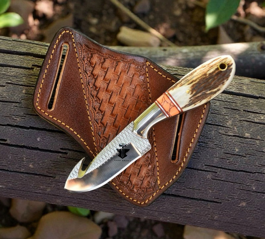 Handmade Rasp Steel Cowboy Hook Knife | Deer Antler Handle,Belt Leather Sheath