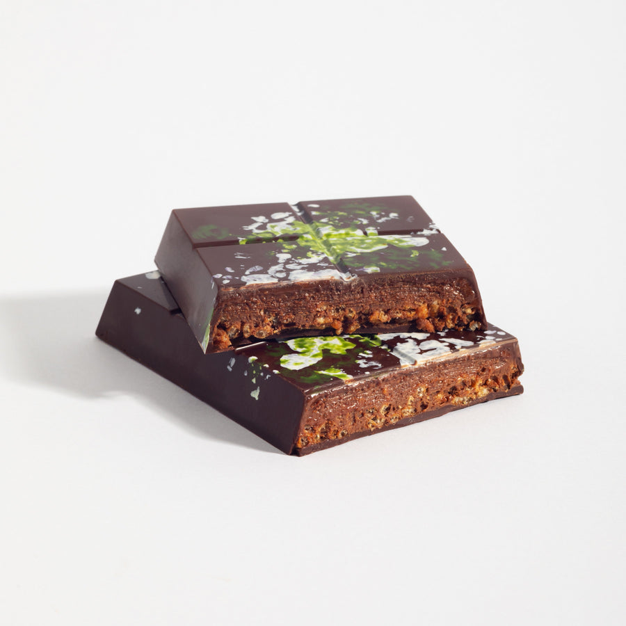 Hazelnut Praline Crunch Dark Chocolate Bars cut open to show its layered filling