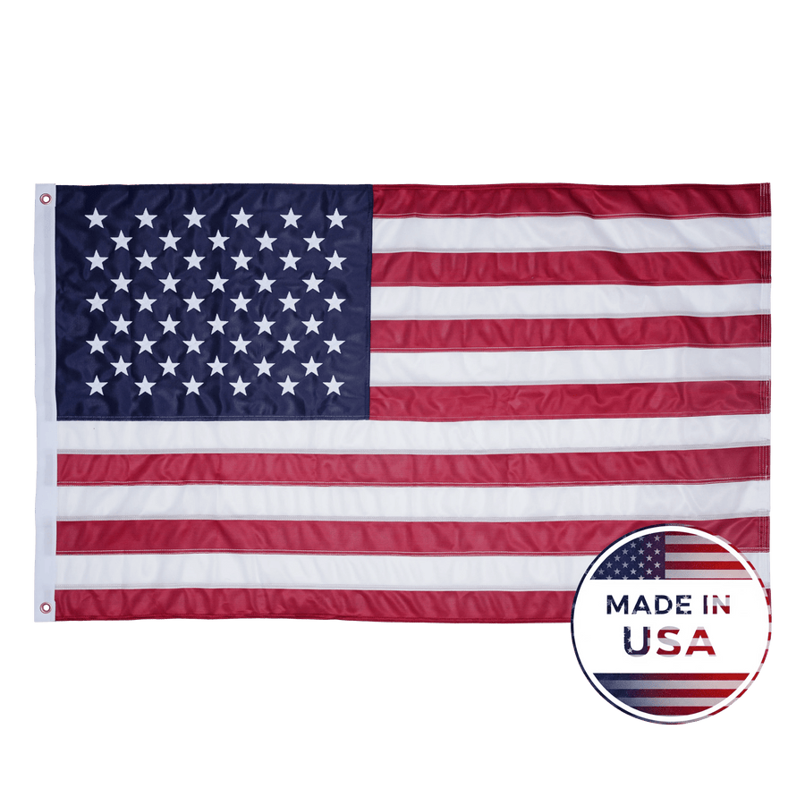 Made in USA knitted polyester American flag with embroidered stars and sewn red and white stripes