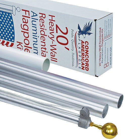 Heavy-duty aluminum residential flagpole kit with sectional poles, gold ball ornament and installation hardware