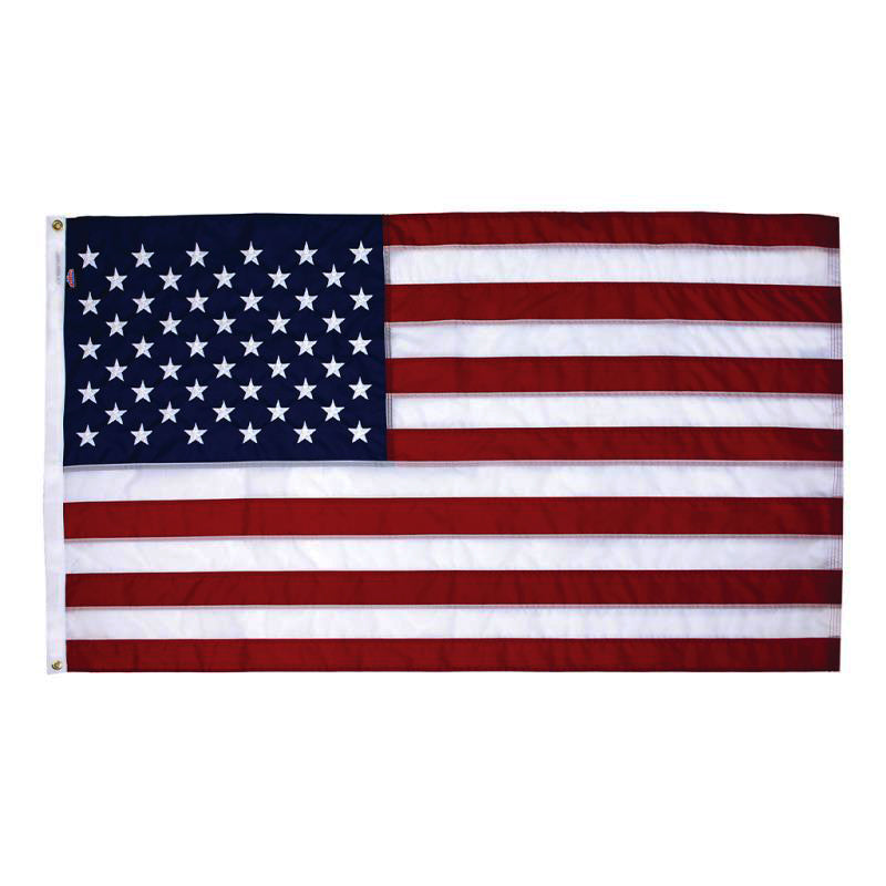 Heavyweight polyester American flag with embroidered white stars, sewn red and white stripes and brass grommets