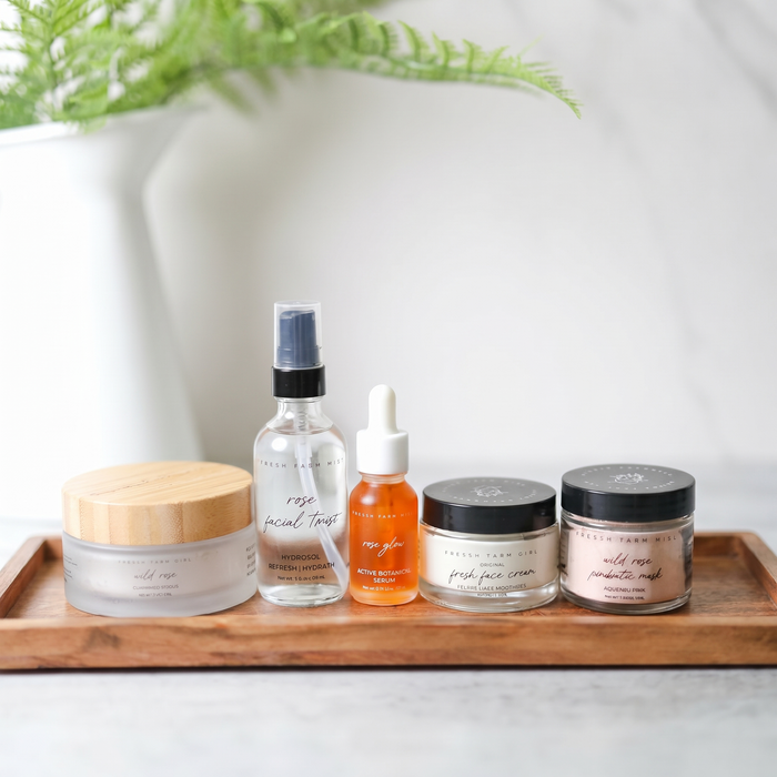 Radiant starter skincare products arranged on a tray